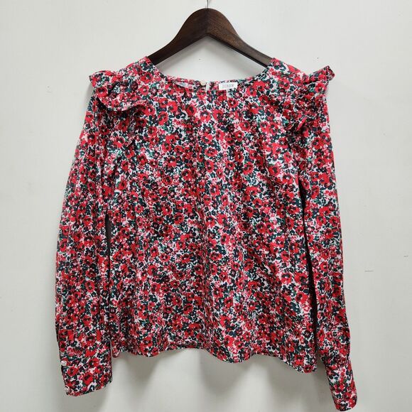 J Crew Womens Poplin Ruffle Top Size M Long Sleeve Red Multicolor Poppies Button - Picture 1 of 11